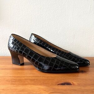 Calico shiny black reptile print leather upper almond toe stack heels